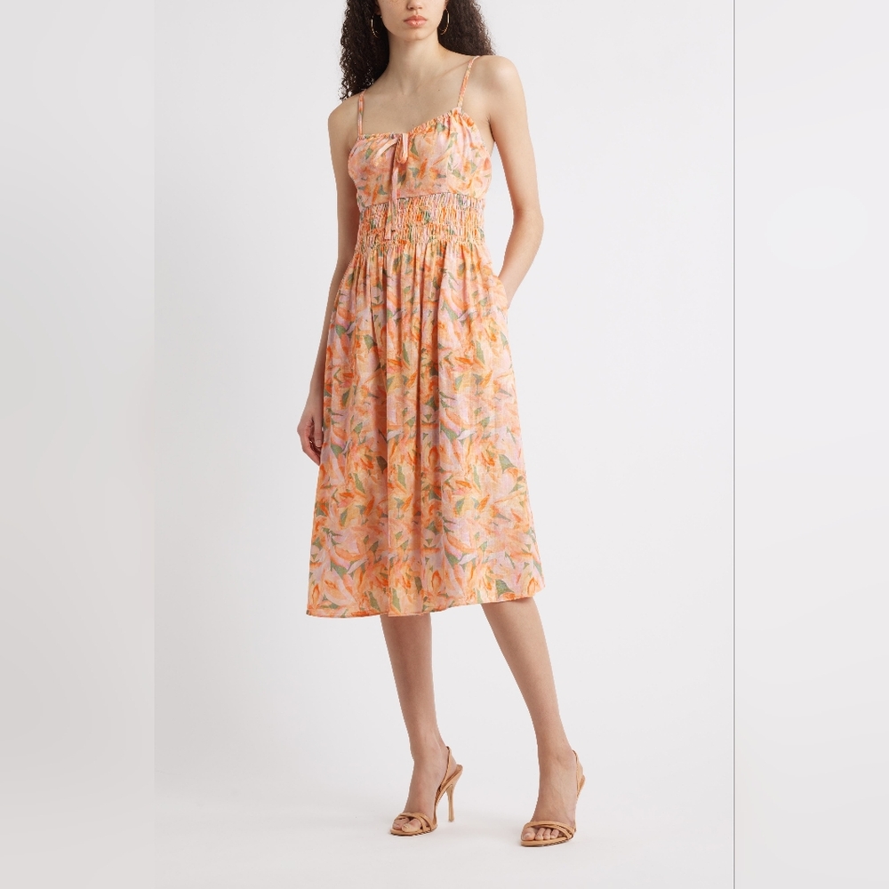 NWT-Chelsea28 Linen Blend Orange/Abstract Soft Petals Smocked Midi Dress - Sz XL